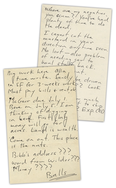 Hunter S. Thompson Autograph Letter From Big Sur -- ''...First big money will go for acres. Land is wealth...''